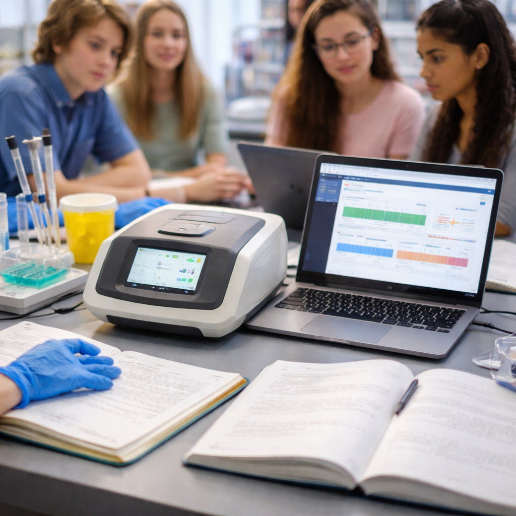A photorealistic classroom scene showing a compact bench-top sequencing device on a lab bench, students watching a laptop dashboard, lab notebooks open, PPE nearby. Alt: Entry level sequencing equipment for classrooms in action.