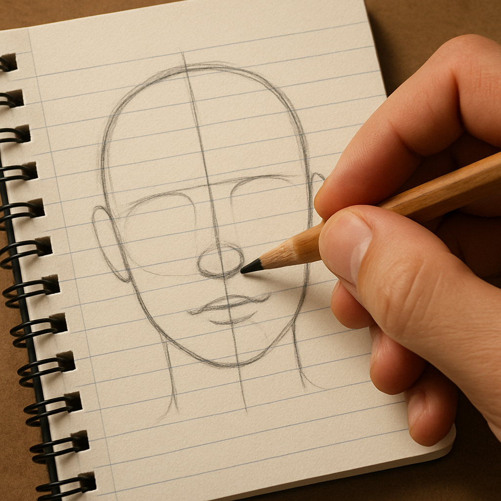 A close‑up of a hand holding a pencil, sketching the basic shapes of a face on a lined notebook. Alt: portrait drawing basics skill assessment illustration