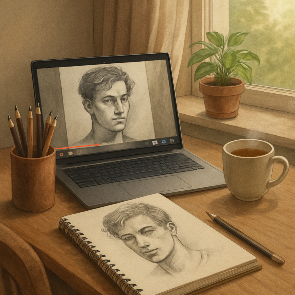 An AI‑generated illustration of a cozy home sketching corner with a laptop playing a portrait drawing lesson, pencils, sketchbook, and a cup of tea on the desk. Alt: portrait drawing classes online practice setup