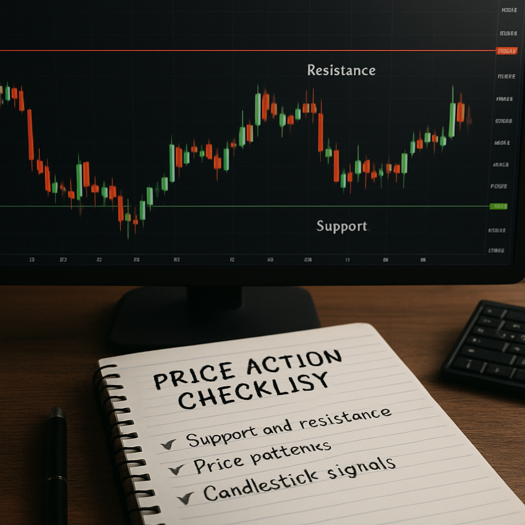 A photorealistic scene of a trader’s desktop showing a forex chart with candlestick patterns, clearly marked support and resistance zones, and a notebook with handwritten price action checklist. Alt: forex price action trading basics visual guide.