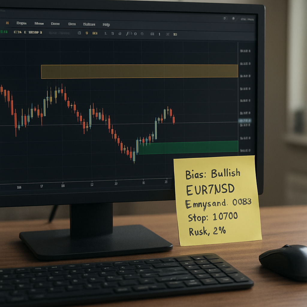 A photorealistic scene of a trader’s workstation showing a computer monitor with a forex chart, highlighted support and resistance zones, a bullish pin bar at a zone, and a handwritten sticky note that reads “Bias: Bullish – EUR/USD – Entry zone 1.0825 – Stop 1.0780 – Risk 2%”. Alt: Realistic image of forex price action trading plan on a desk.