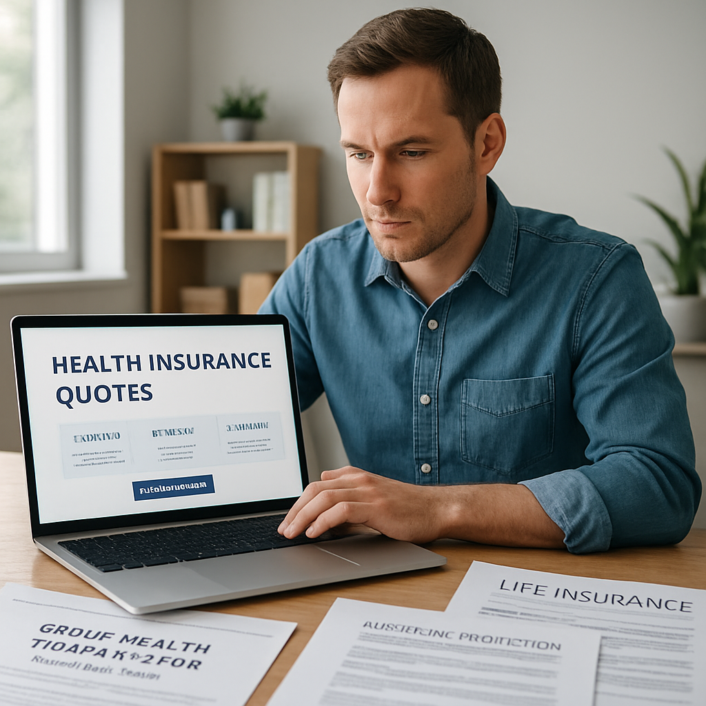 A realistic image showing a small business owner reviewing health insurance quotes on a laptop, surrounded by contract documents, in a modern home office. Alt: Group health insurance for 1099 employees consultation