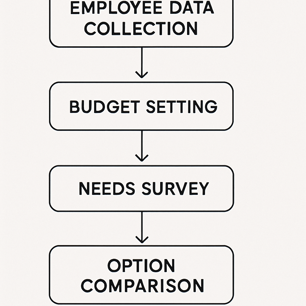 A simple flowchart showing steps to assess nonprofit healthcare needs – employee data collection, budget setting, needs survey, option comparison. Alt: Assess nonprofit healthcare needs flowchart