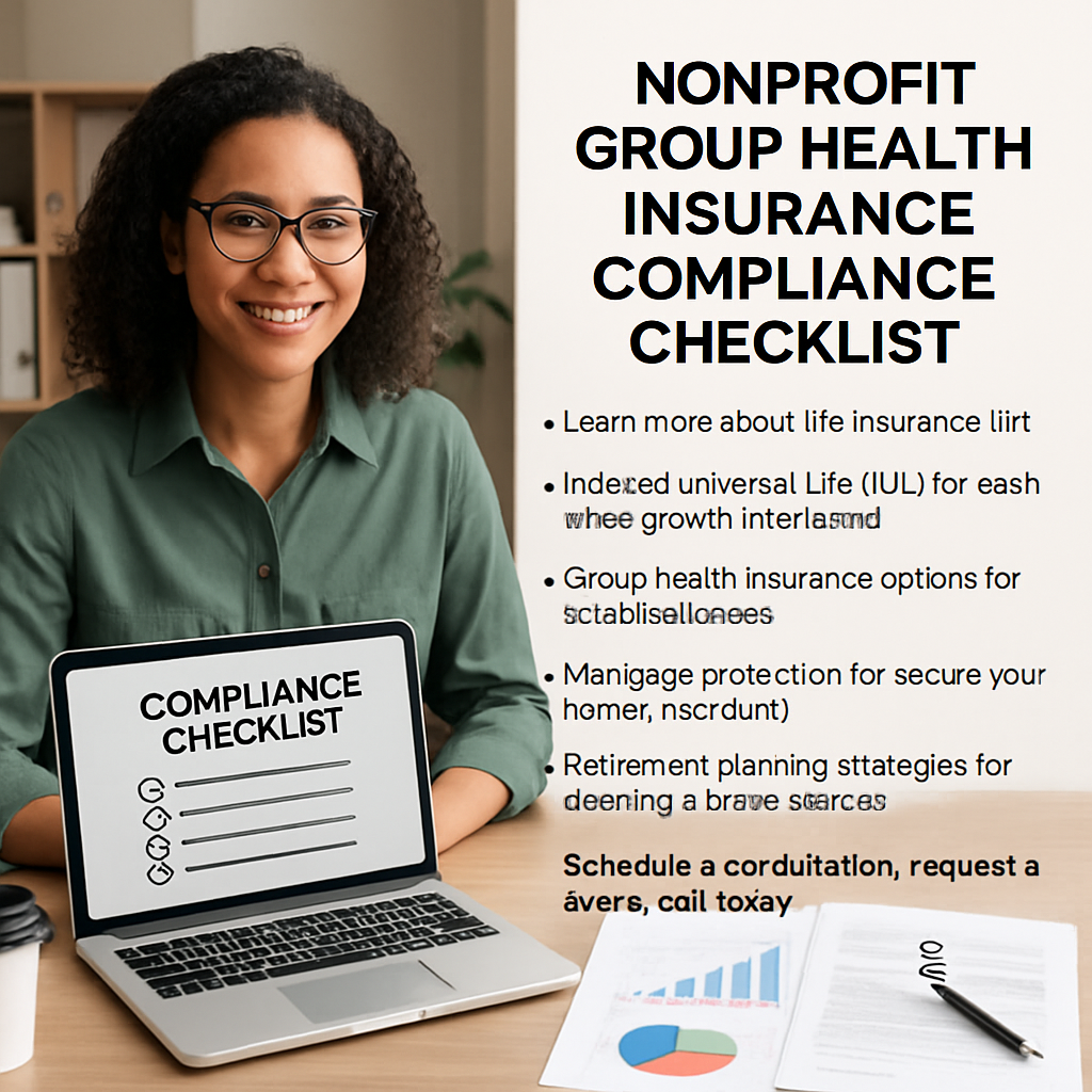 A friendly office scene where a nonprofit director reviews a compliance checklist on a laptop, with charts and legal documents visible. Alt: nonprofit group health insurance compliance checklist