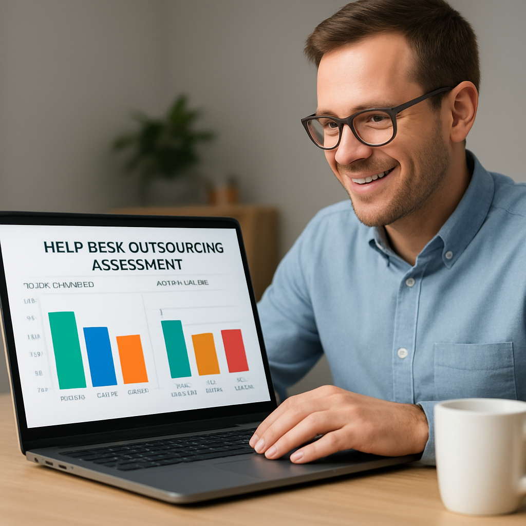 Man smiling while reviewing a help desk outsourcing assessment on a laptop, featuring colorful bar graphs and the title "HELP DESK OUTSOURCING ASSESSMENT," in a professional office setting.
