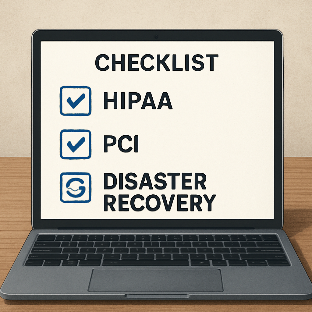 Checklist on laptop screen featuring HIPAA, PCI, and Disaster Recovery, emphasizing compliance and business continuity for IT support.
