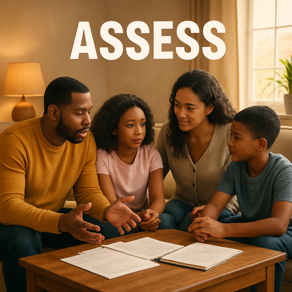 A warm, inviting living room where a family sits together around a coffee table, papers and a notebook open, illustrating the Assess phase of the ARISE intervention. Alt: ARISE intervention Assess phase family discussion