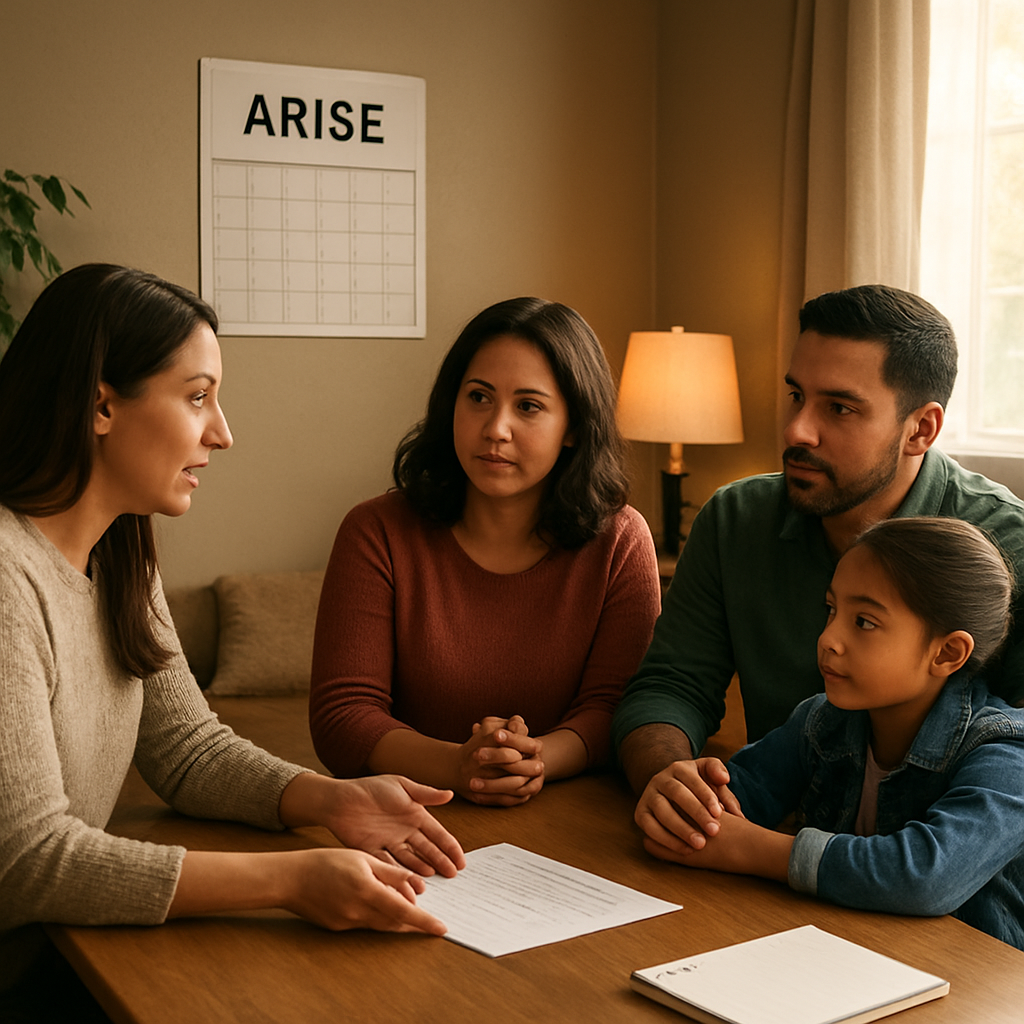 A warm living room scene with a family gathered around a table, a calendar pinned on the wall, and a supportive interventionist guiding the discussion. Alt: Family implementing ARISE intervention steps together.