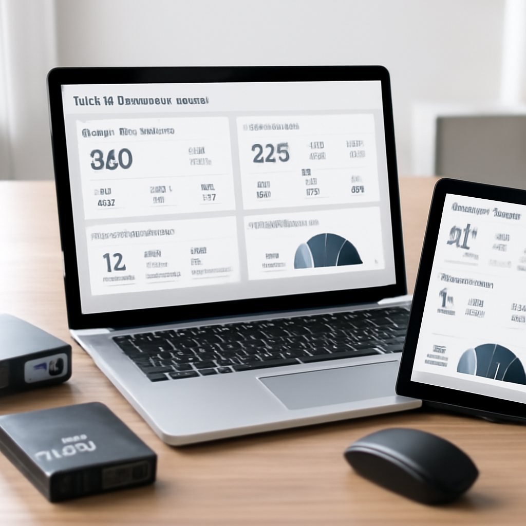 A modern office desk with a laptop, barcode‑tagged equipment, and a tablet displaying an asset management dashboard. Alt: IT asset management dashboard overview showing hardware inventory, license status, and lifecycle alerts.