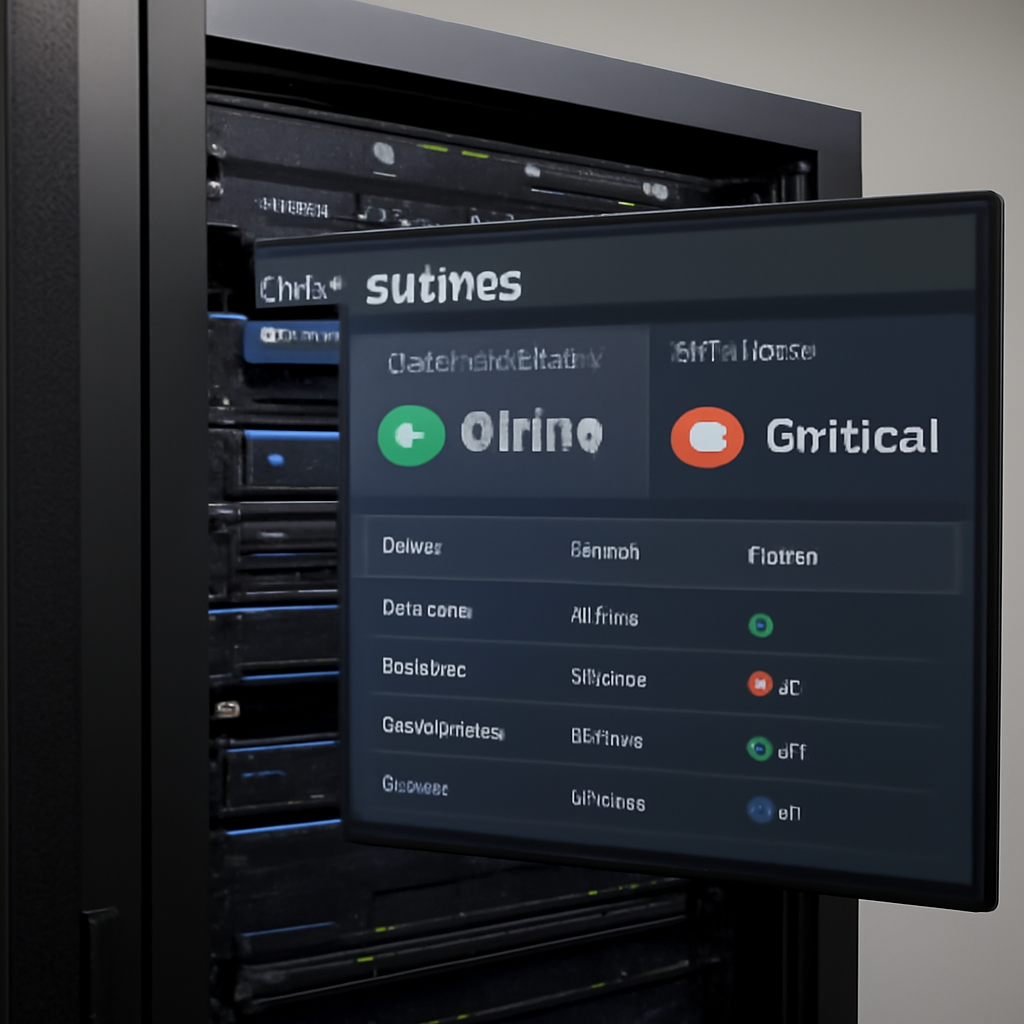 A modern Salinas office server rack with a dashboard overlay showing asset status, alerts, and compliance icons. Alt: IT asset management services security compliance dashboard.