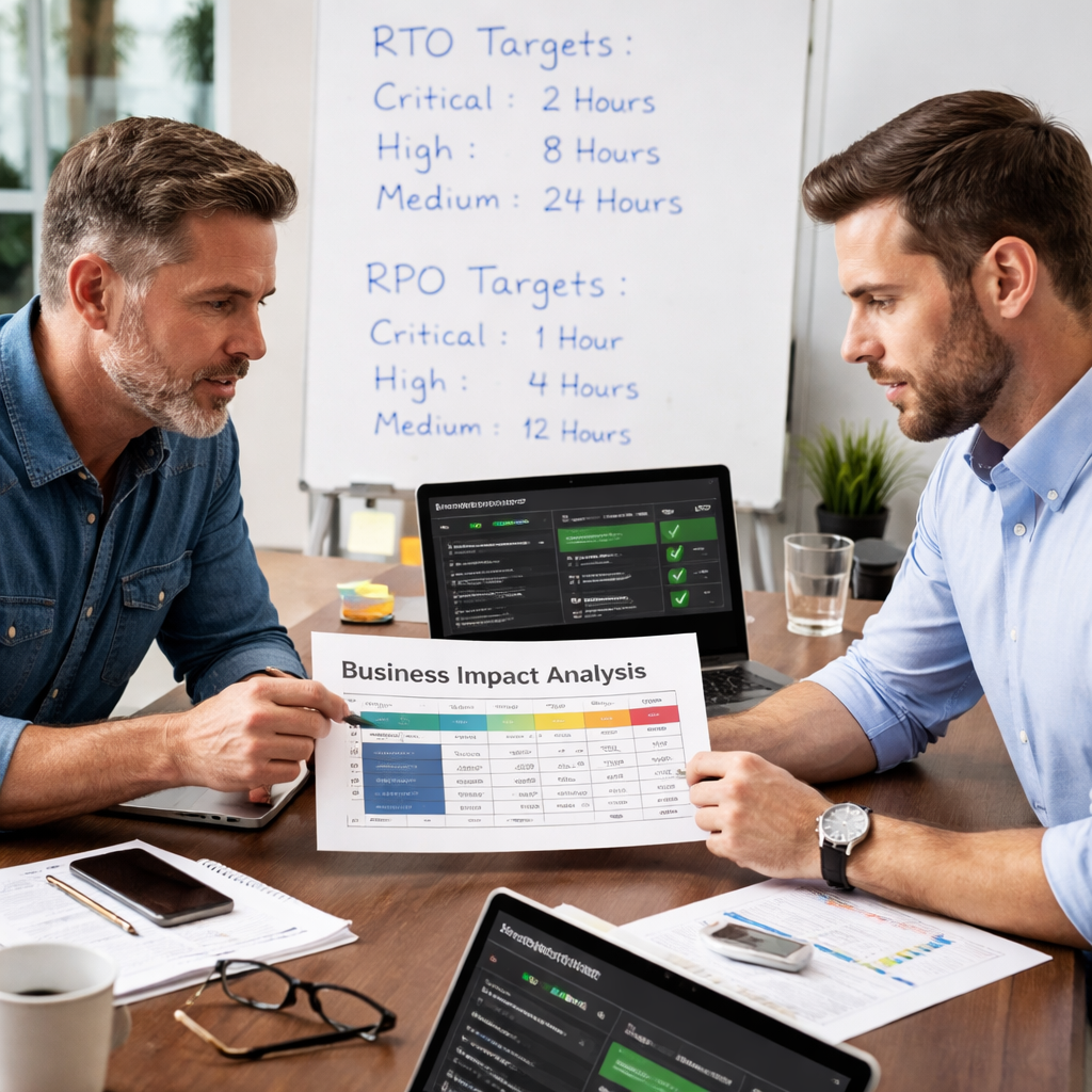 A photorealistic office scene showing a small business owner and IT manager reviewing a printed Business Impact Analysis chart on a conference table, with laptops displaying backup status dashboards and a whiteboard listing RTO and RPO targets. Alt: Business Impact Analysis for IT disaster recovery services in a realistic style.