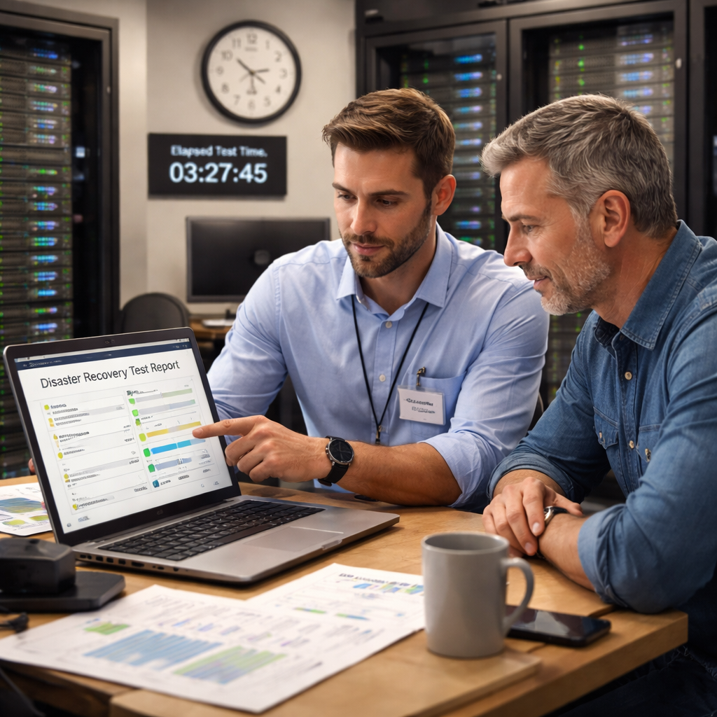 A photorealistic office scene in Salinas showing an IT manager and a small business owner reviewing a disaster recovery test report on a laptop, with server racks in the background and a clock indicating elapsed test time. Alt: IT disaster recovery services testing and maintenance in realistic style.