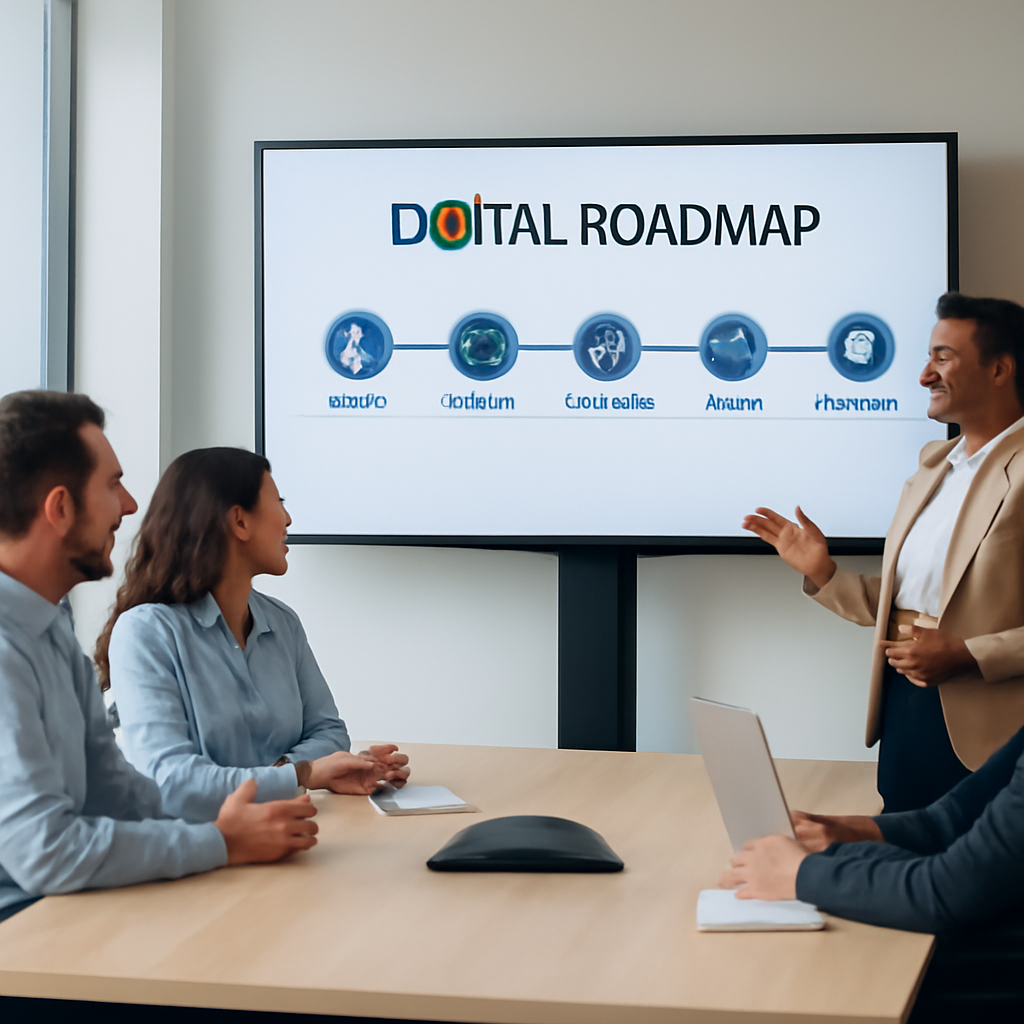 A modern office meeting room with a diverse group of small‑business owners reviewing a digital roadmap on a large screen. Alt: IT strategy consulting roadmap meeting in Monterey SMB.