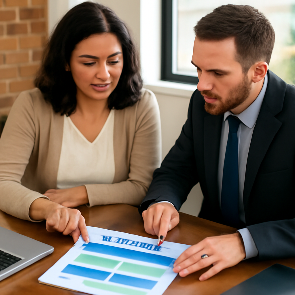 A small business owner in a Monterey office meeting with a consultant, reviewing a printed IT roadmap on a table. Alt: Choosing the right IT strategy consulting partner for SMBs.