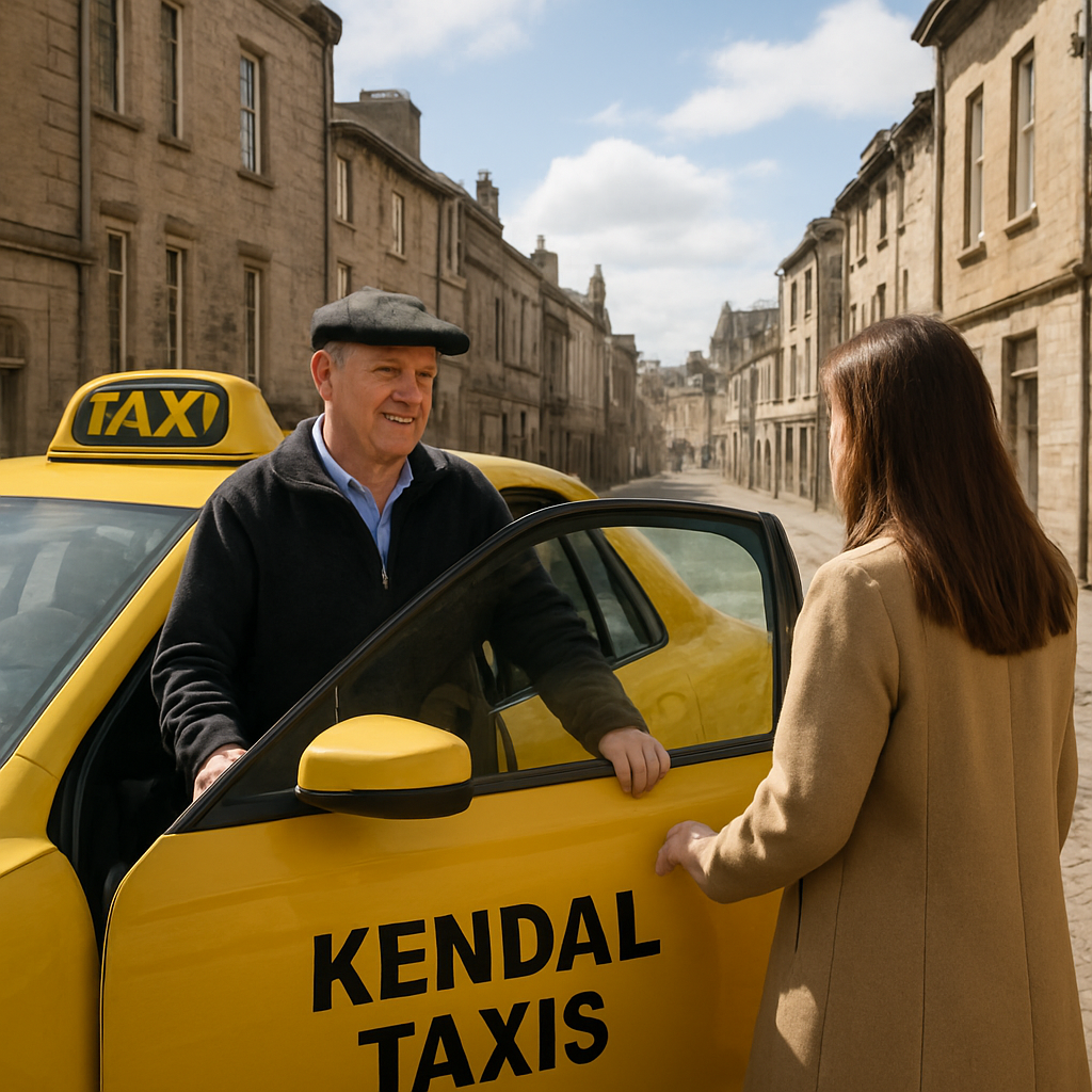 A friendly local taxi driver opening the door for a passenger in a historic Kendal street, showing the town’s stone buildings and a bright sky. Alt: Kendal taxis local service with driver and passenger.