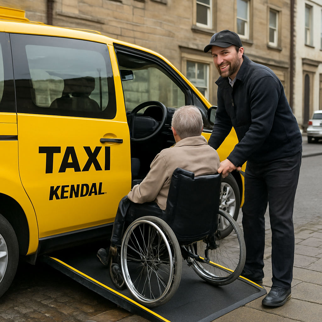 A friendly local taxi driver assisting a passenger with a wheelchair ramp at a Kendal street, showing the driver’s smiling face and the ramp in use. Alt: Kendal taxis safety and accessibility features with driver helping wheelchair user.