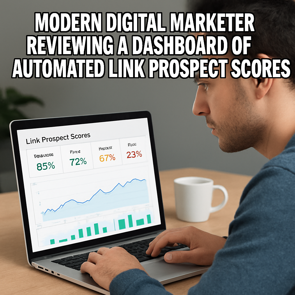A modern digital marketer reviewing a dashboard of automated link prospect scores, with graphs and a coffee mug beside a laptop. Alt: Link building automation workflow visualization