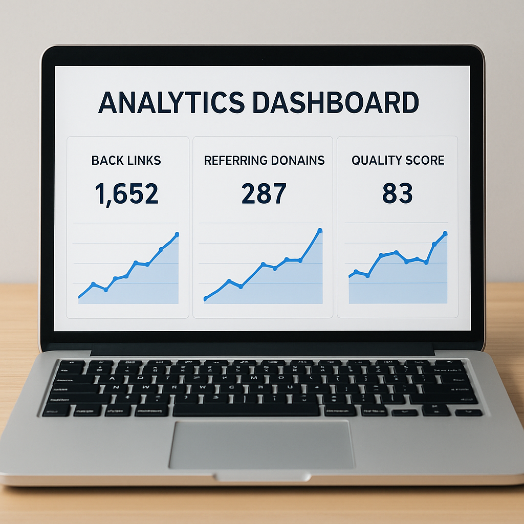 A clean, modern analytics dashboard on a laptop screen showing line charts for backlinks, referring domains, and quality score. Alt: link building automation performance dashboard with key metrics.