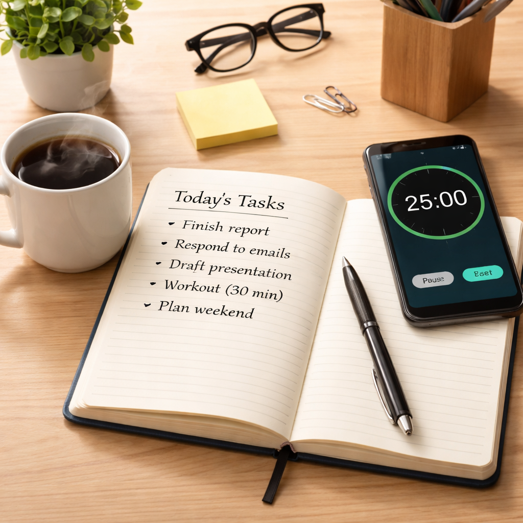 A clean desk with a notebook open to a bullet‑point list of specific tasks, a smartphone showing a timer app, and a coffee mug steaming beside it. Alt: Detailed task definition for timeboxing productivity guide