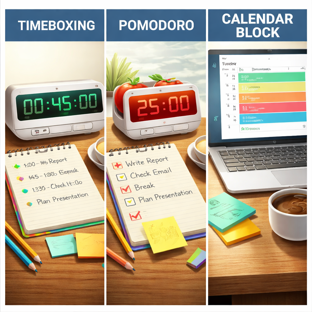 A side‑by‑side visual of a digital timer split into three sections—timeboxing, Pomodoro, and a conventional calendar block. Alt: Comparison of timeboxing, Pomodoro, and traditional scheduling