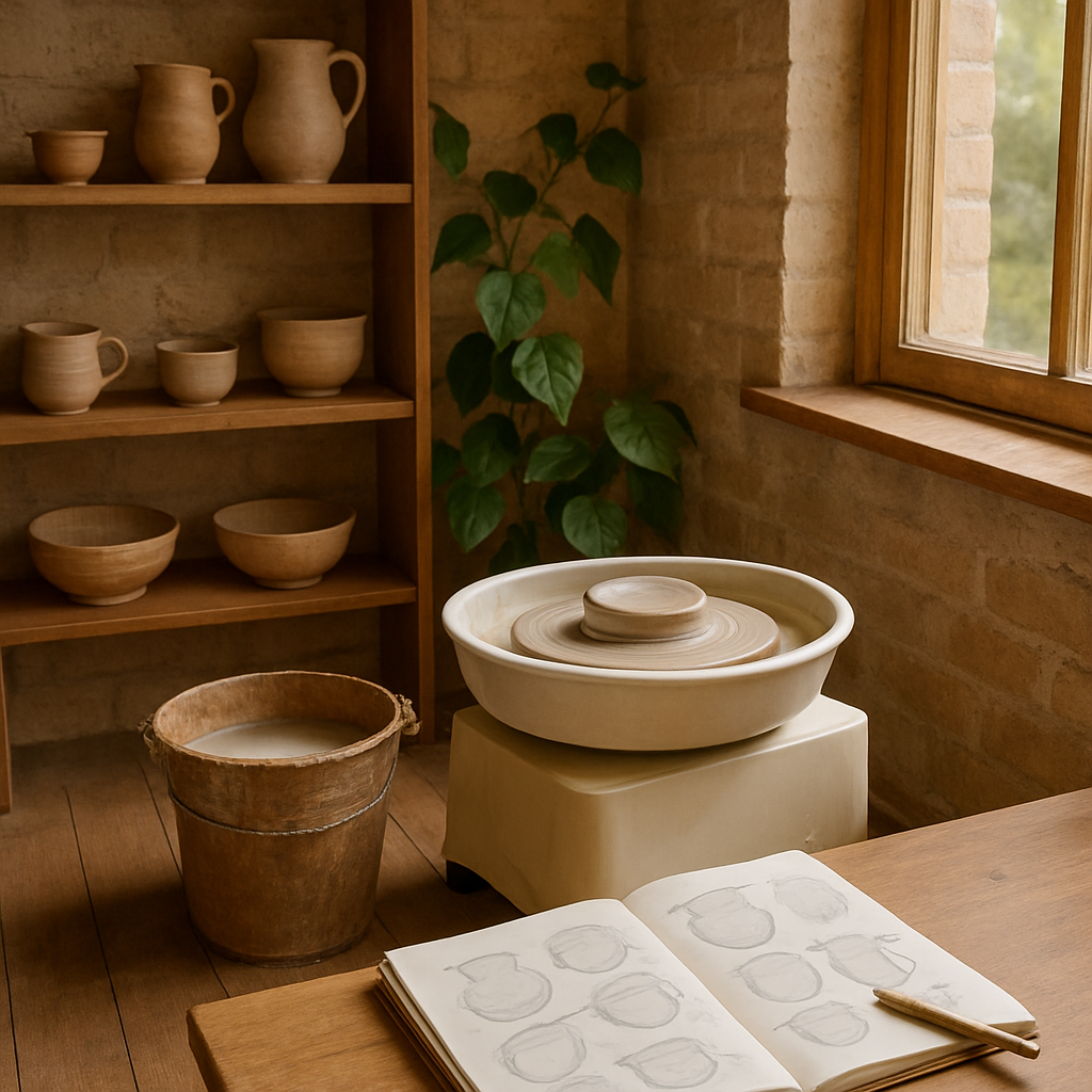 A cozy home studio with a compact pottery wheel, a bucket of water, and a notebook filled with sketch ideas. Alt: Online pottery wheel classes home studio setup