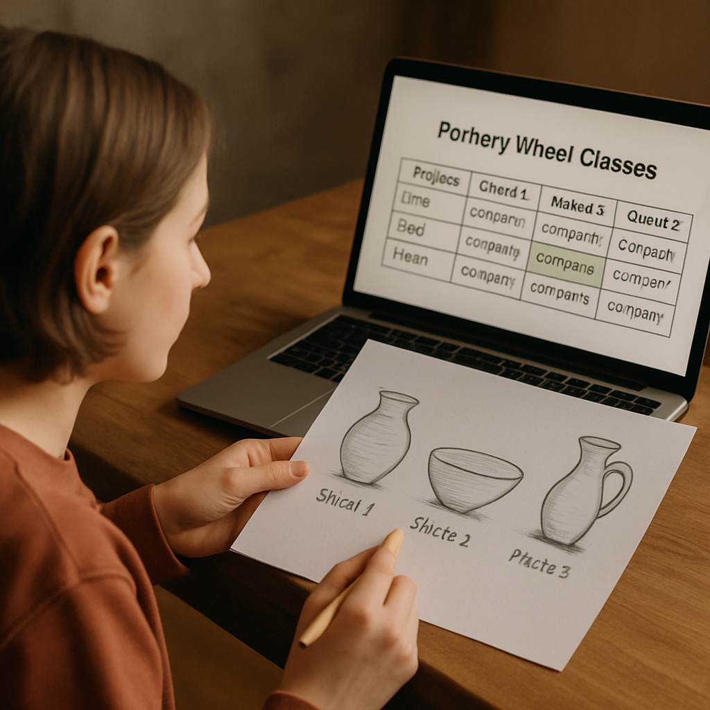 A student comparing pottery project sketches and a laptop screen showing a progress table. Alt: online pottery wheel classes project comparison table