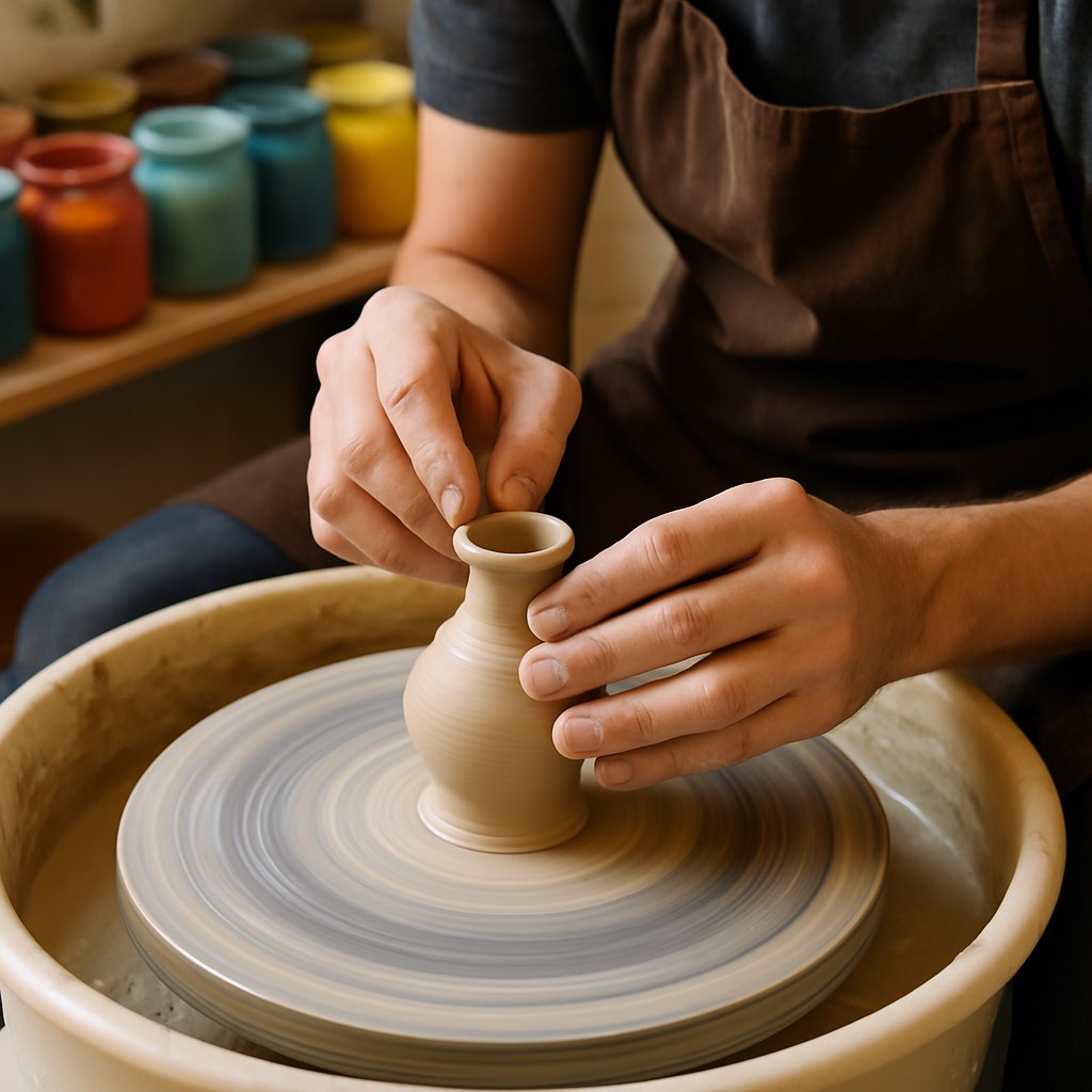 A potter shaping a small vase on a wheel, with colorful glaze jars in the background. Alt: online pottery wheel classes intermediate projects glazing