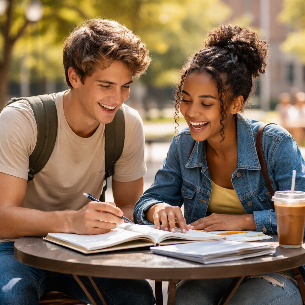 A photorealistic scene of two college students, one male and one female, sitting at a small outdoor café table sharing a notebook and laughing, with a campus backdrop and sunlight filtering through trees. Alt: College friends enjoying a study break, exemplifying platonic friendships between genders.