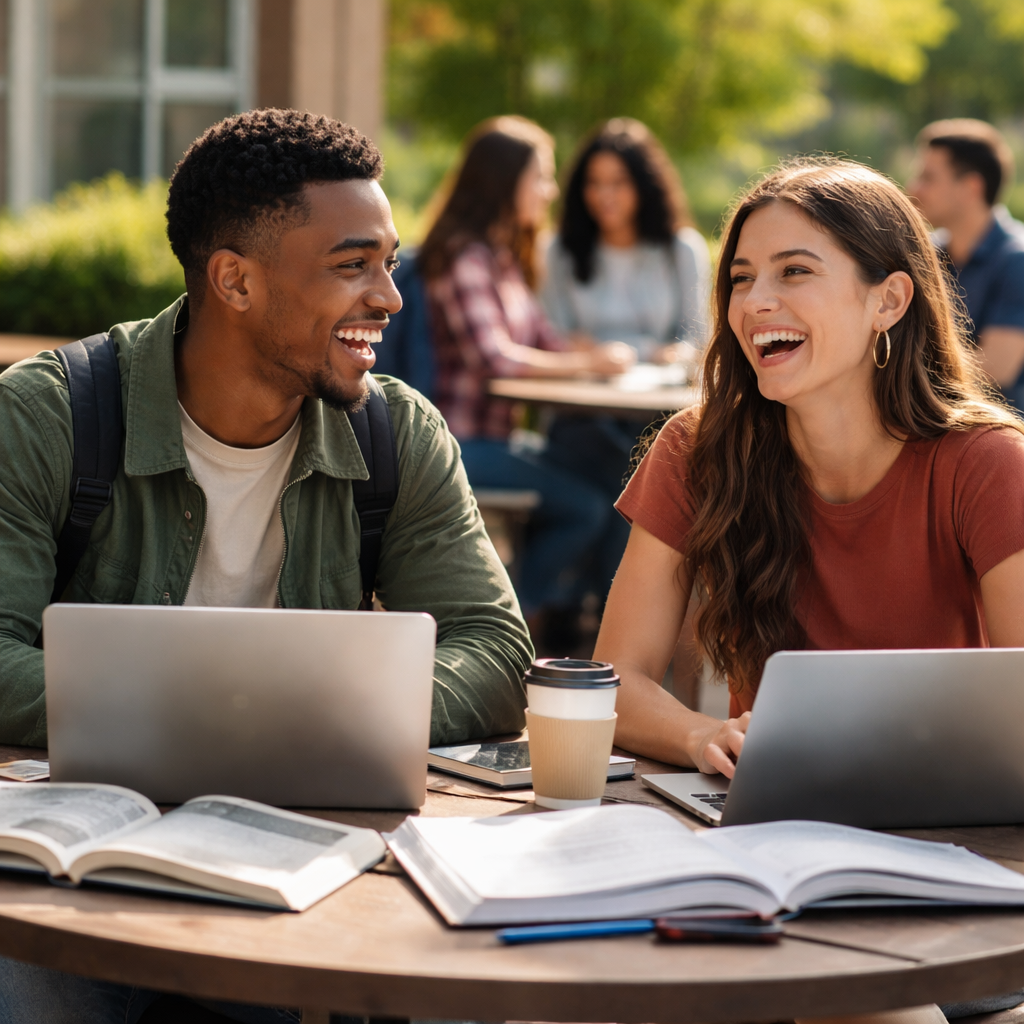 A photorealistic scene of two diverse college students, one male and one female, sitting at a campus café table with laptops and textbooks, laughing, with a group of friends in the background, Alt: Platonic friendships between genders social perception realistic image