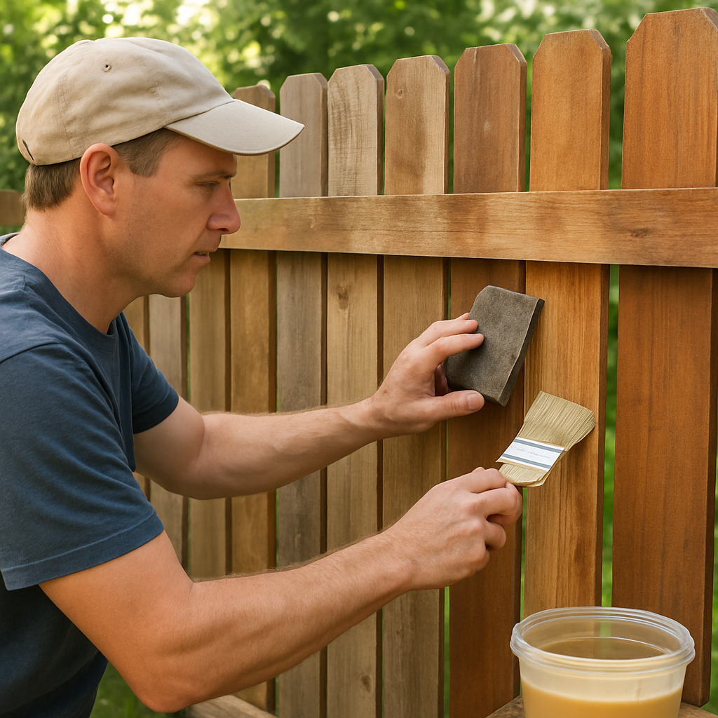 A homeowner in a bright backyard inspecting a wooden fence, sanding a board and applying sealant with a brush. Alt: fence maintenance and repair guide showing hands-on care for different fence materials.