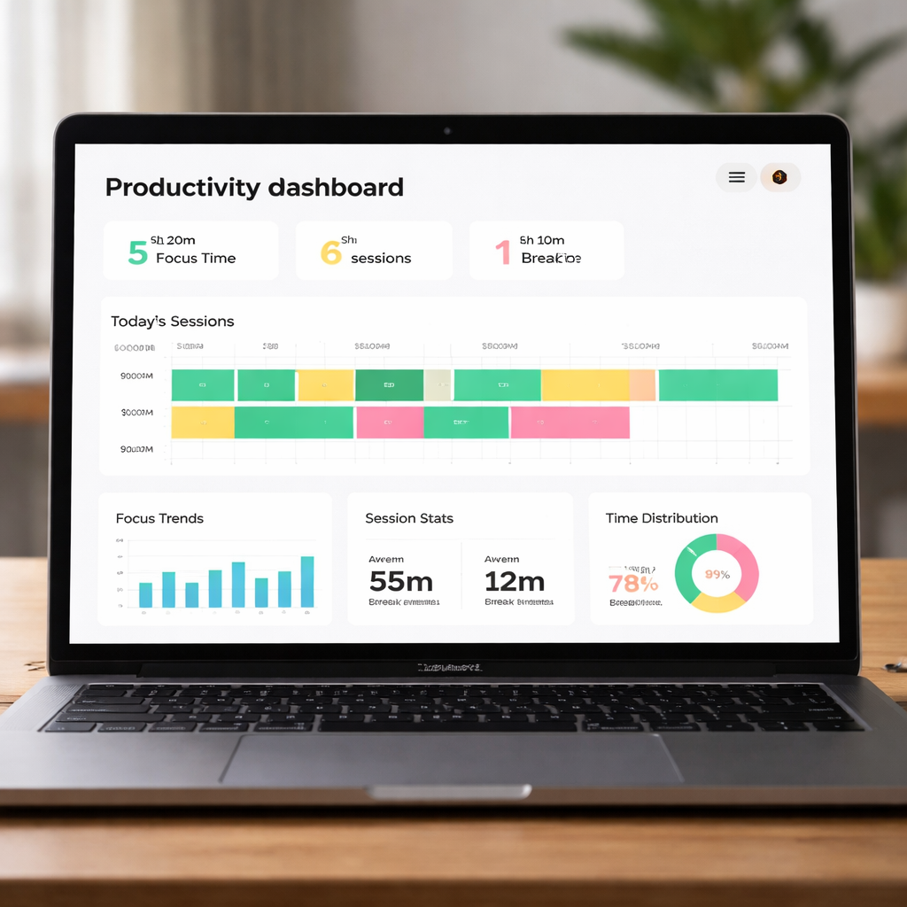 A modern productivity dashboard on a laptop screen, showing coloured session blocks and break intervals. Alt: Session analytics dashboard visualising focus and break patterns