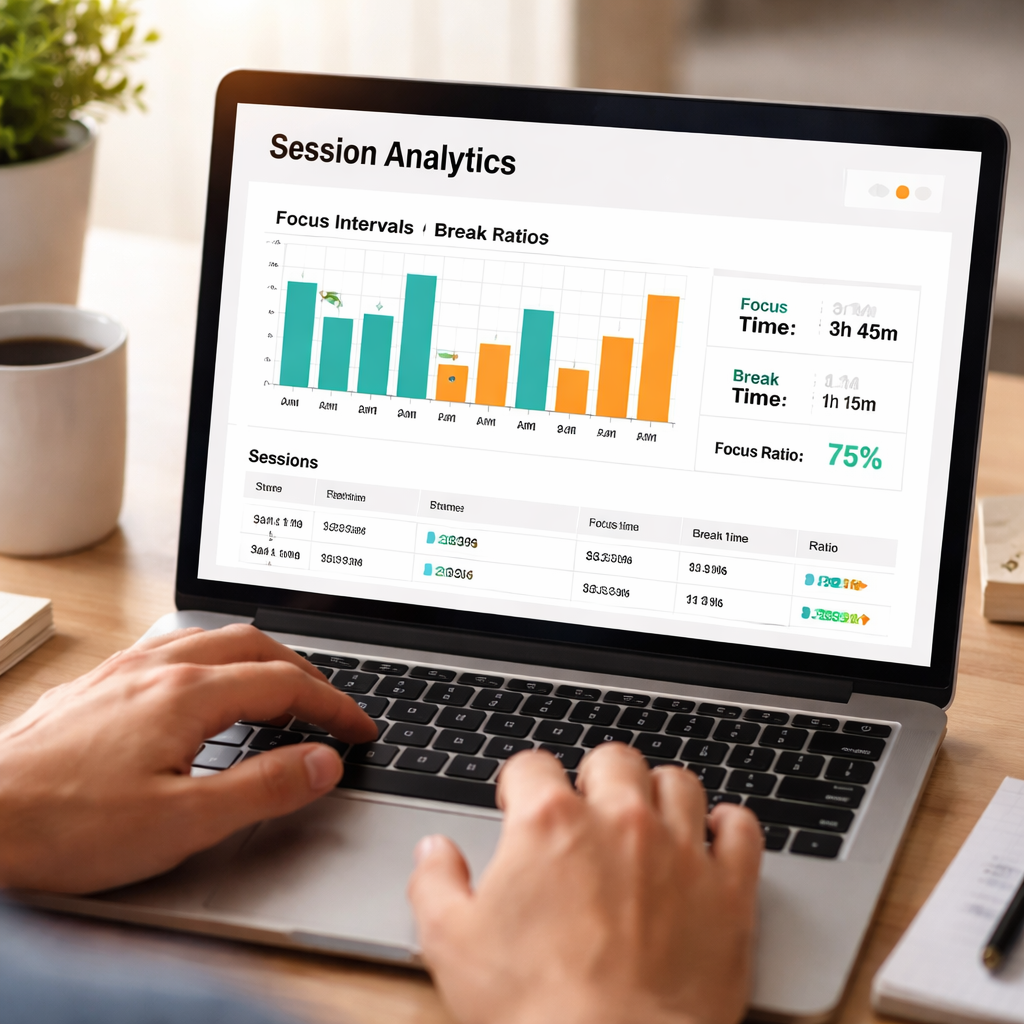 An AI‑generated illustration of a user reviewing a simple session‑analytics dashboard on a laptop, with colored bars for focus and break periods, coffee mug beside the screen. Alt: Session analytics dashboard showing focus intervals and break ratios for a productivity workflow.