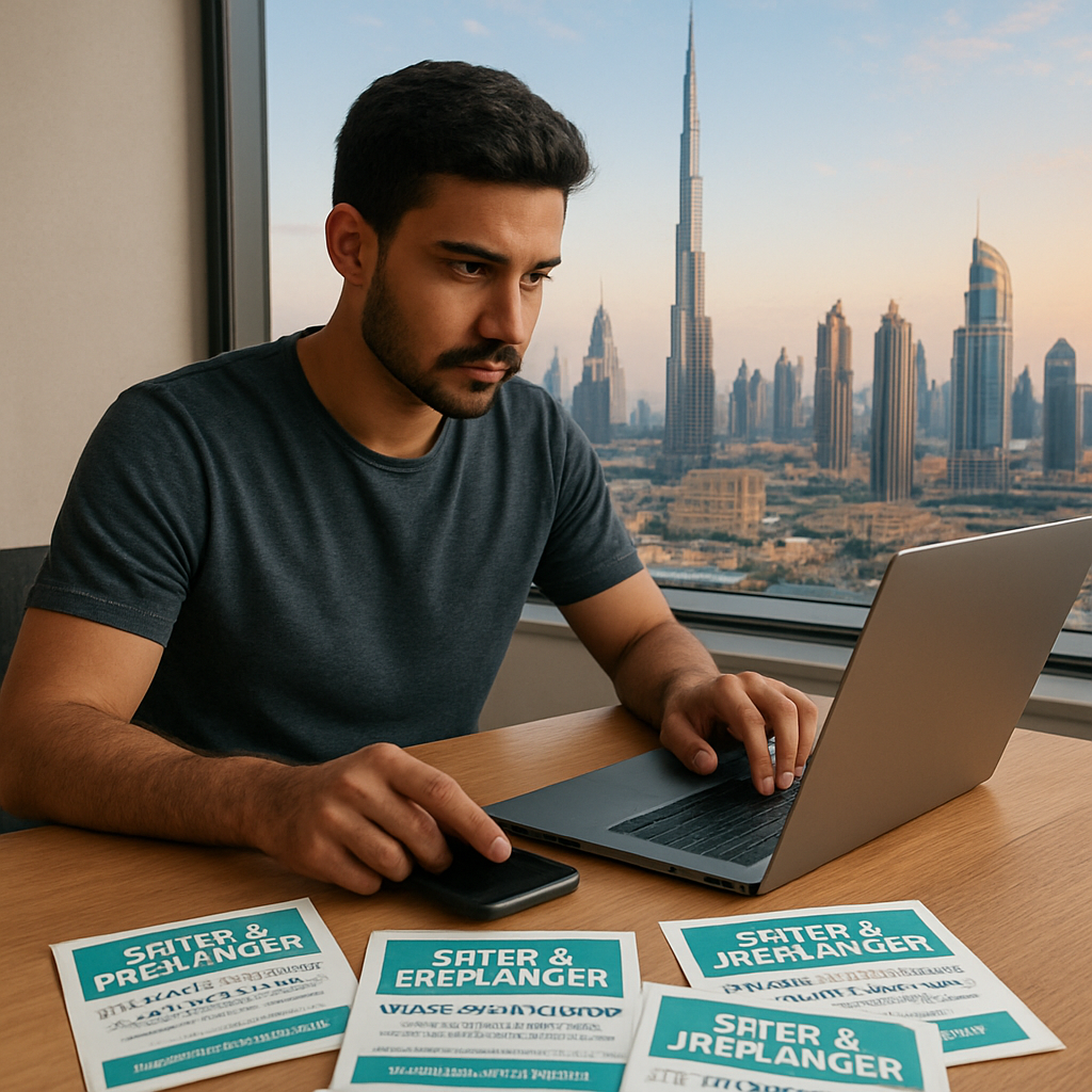 A freelancer sitting at a desk with a laptop, a phone, and printed referral cards spread out, showing a vibrant city skyline of Dubai in the background. Alt: UAE referral marketplace for freelancers – visual guide to earning commissions.