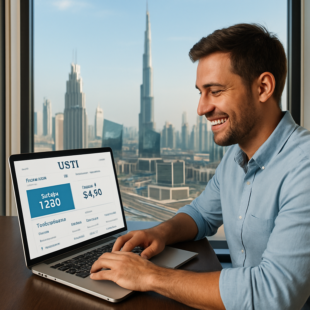 A freelance professional on a laptop, smiling while looking at a Listi referral dashboard on the screen, with the Dubai skyline visible through a window. Alt: Freelancer viewing UAE referral marketplace dashboard.