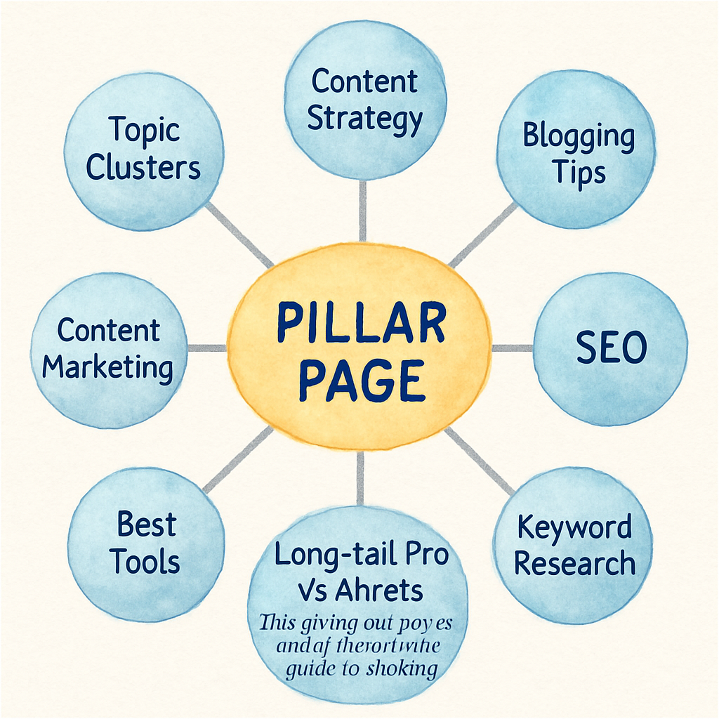 A visual map showing a pillar page at the center with surrounding topic cluster nodes radiating outward, illustrating content hierarchy. Alt: topic cluster generator diagram