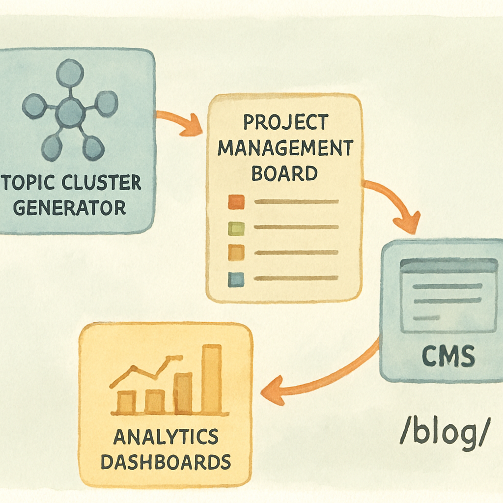 An AI‑generated illustration of a content workflow diagram showing a topic cluster generator feeding into a project management board, then into a CMS, and finally into analytics dashboards. Alt: Visual workflow of integrating a topic cluster generator into SEO operations.