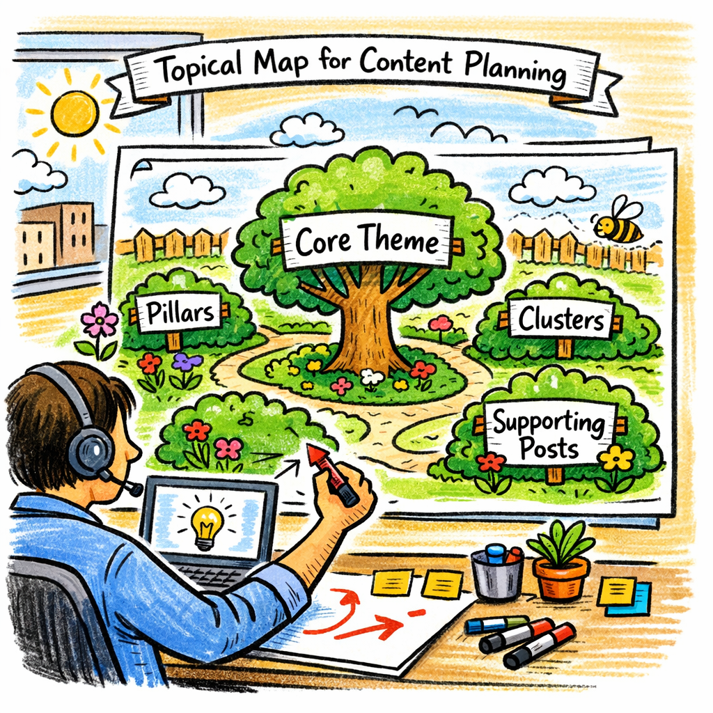 A Doodle illustration of a colorful garden plot with a central tree labeled “Core Theme” surrounded by smaller bushes labeled “Pillars,” “Clusters,” and “Supporting posts.” The scene shows a digital marketer with a laptop, drawing the map, aimed at a small business owner, set against a sunny office backdrop. Alt: Topical map generator diagram for content planning