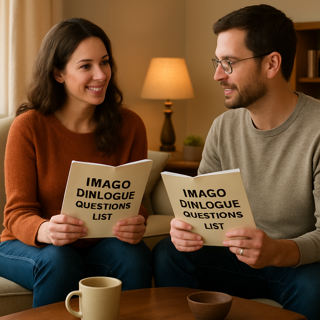 A warm living‑room scene with a couple sitting across a small coffee table, each holding a notebook titled “Imago Dialogue Questions List”. Alt: Couple practicing Imago Dialogue with notebook prompts