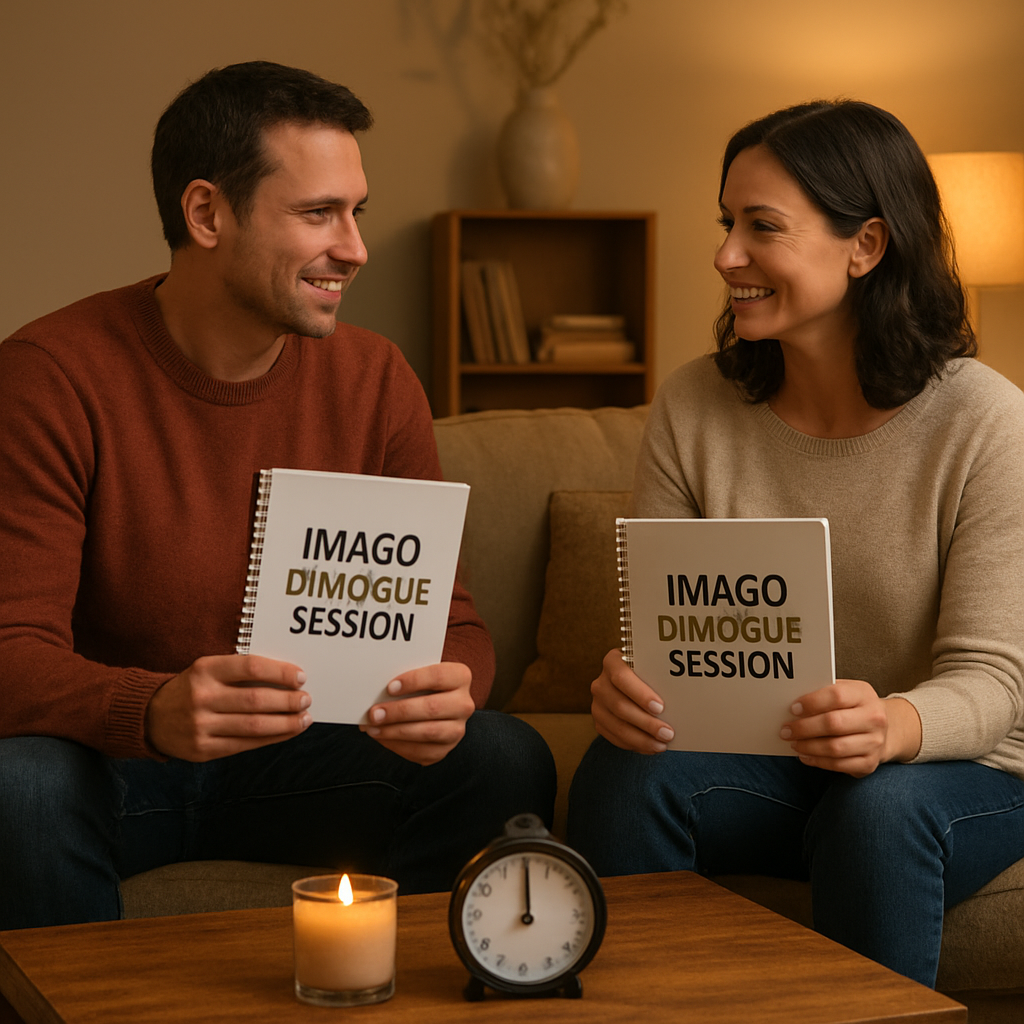 A warm living‑room scene with a couple sitting across a small coffee table, each holding a notebook titled “Imago Dialogue Session”. Alt: Couple facilitating an Imago dialogue with timer and candle.