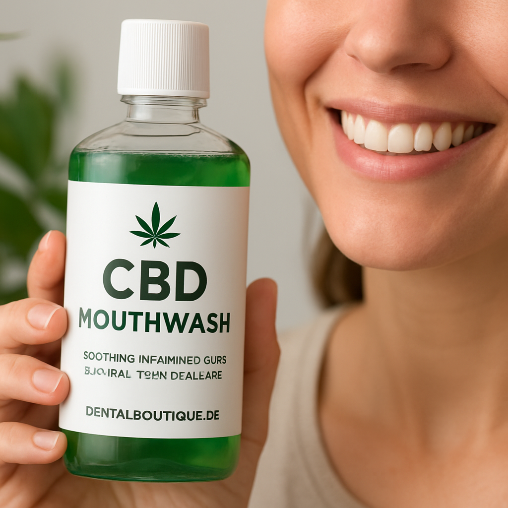 A close‑up of a smiling person holding a CBD‑infused mouthwash bottle, with fresh green leaves and a hint of dental floss in the background. Alt: CBD mouthwash soothing inflamed gums for healthier oral care