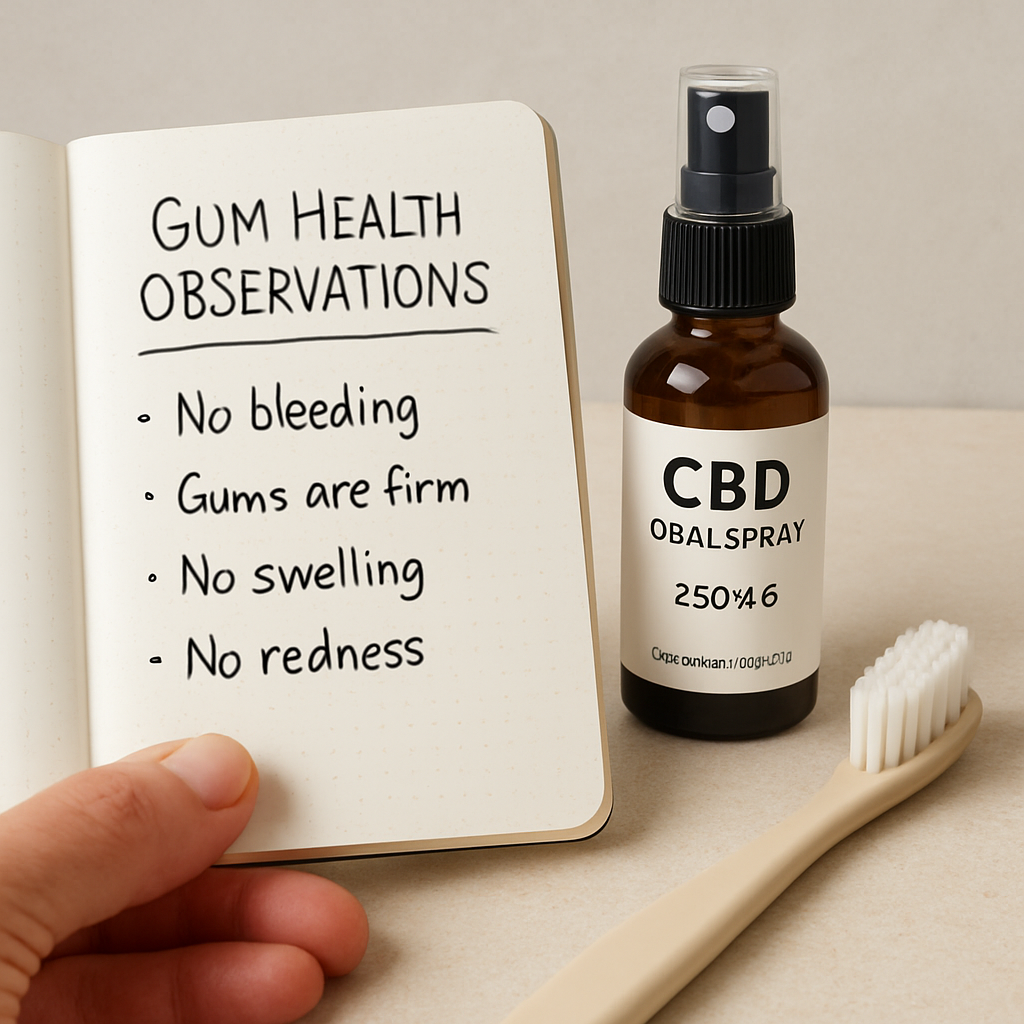 A close‑up of a hand holding a notebook with gum‑health observations, next to a CBD spray bottle and a toothbrush. Alt: Tracking gum health with CBD oral care.
