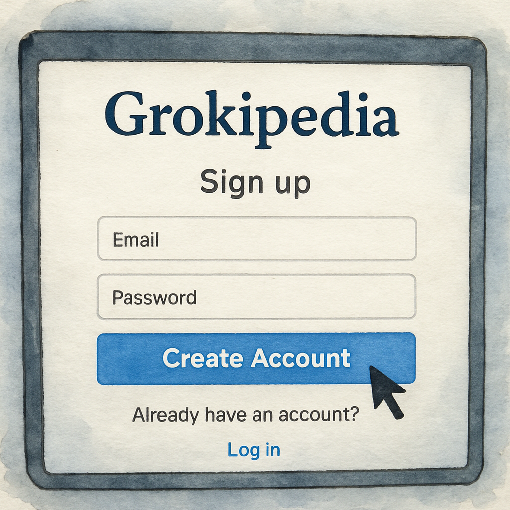 A sleek desktop screen showing the Grokipedia signup modal, with a cursor hovering over the "Create Account" button. Alt: Grokipedia account setup screenshot illustrating simple signup process.
