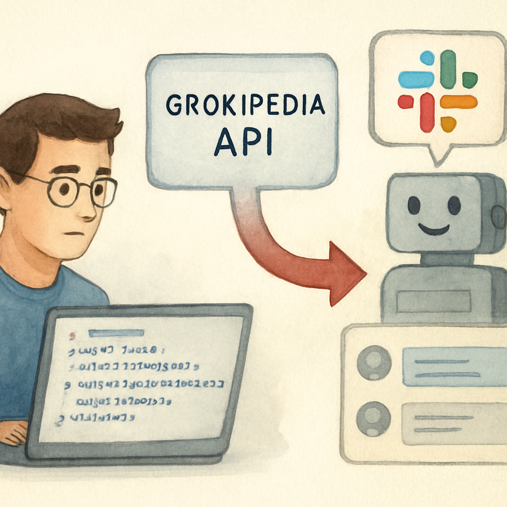 An illustration of a developer connecting Grokipedia’s API to a Slack bot, showing code snippets, a chat window, and a flowing data arrow. Alt: Grokipedia API integration workflow diagram