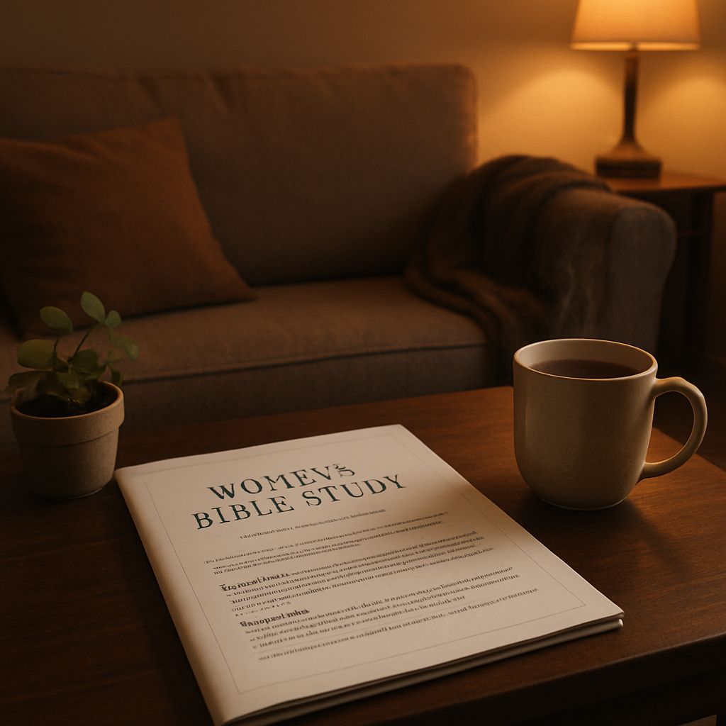A cozy living room corner with a printed women’s bible study workbook spread on a coffee table, a cup of tea steaming nearby, soft lighting, and a small potted plant. Alt: women’s bible study workbook pdf printable cozy study space
