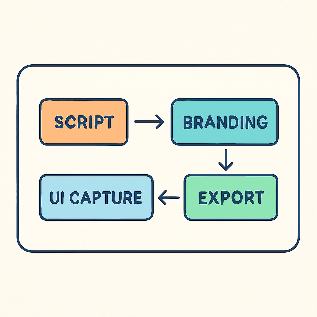 An illustration of a tidy, modular workflow board with labeled blocks for script, branding, UI capture, and export, showing arrows that connect each step into a seamless pipeline, appealing to SaaS founders and product managers. Alt: video marketing automation framework illustration