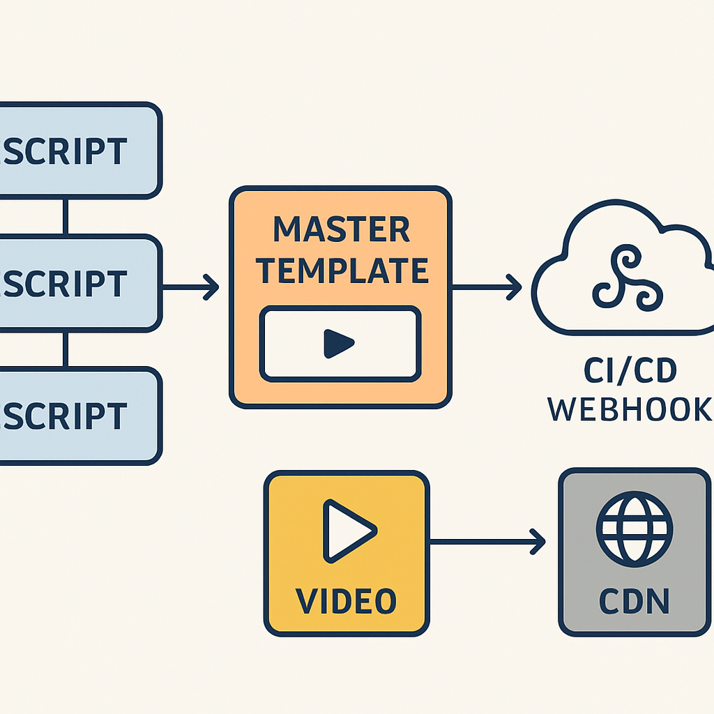 An illustration of a streamlined video production pipeline showing script blocks, a master template, a CI/CD webhook, and a final video file uploading to a CDN. Alt: Diagram of video marketing automation workflow for SaaS founders.