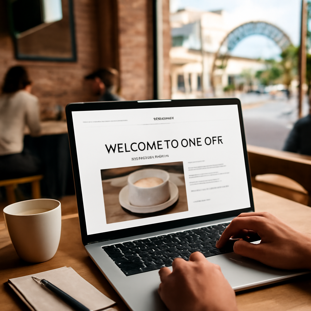 A bustling café with a laptop on a table, showcasing a clean website on a screen. Alt: A freelancer designing a website for a small café. 