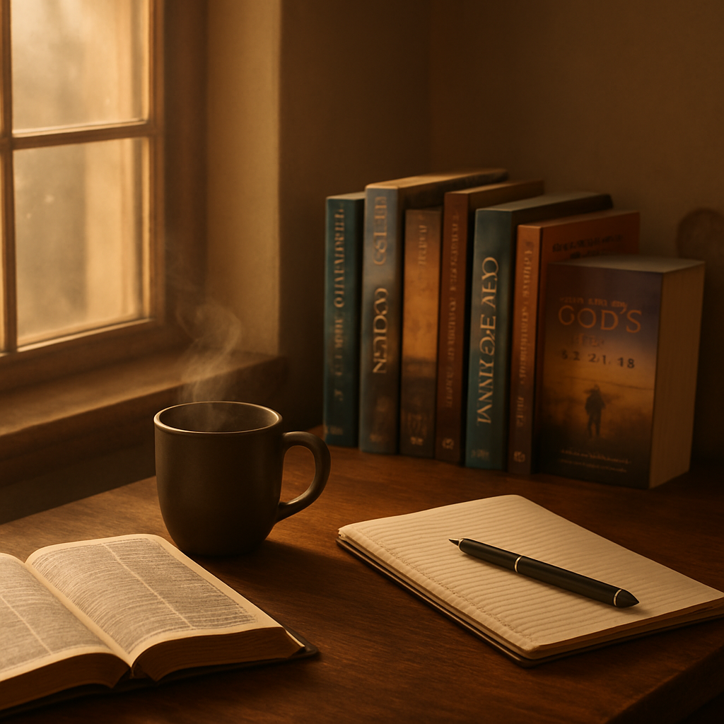 A cozy corner with a Bible, a notebook, a steaming mug of coffee, and soft morning light streaming through a window. Alt: New believer setting spiritual foundations with Bible study plan and journal.