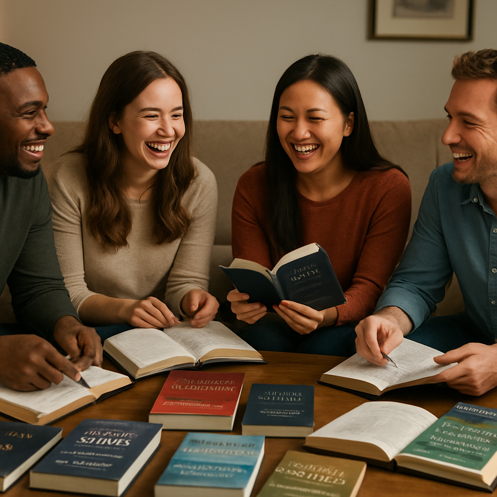 A diverse group of believers sitting around a coffee table, each with a Bible and notebook, laughing and sharing their study notes. Alt: new believer bible study plan community accountability