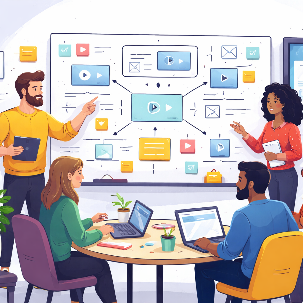 An Illustration image showing a startup team around a whiteboard, planning a modular video storyboard for a SaaS product, modern office with laptops, sticky notes, and a wall-mounted screen. Alt: Startup team planning a modular video storyboard for video marketing for startups.